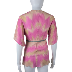 Lisa Ho Pink Beige Silk Blend Pleated Top – Metallic Trim (AU 8)