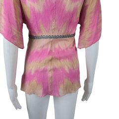 Lisa Ho Pink Beige Silk Blend Pleated Top – Metallic Trim (AU 8)