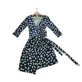 Diane von Furstenberg Silk Wrap Dress – Navy & Green Leaf Print – Size AU 8