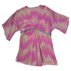 Lisa Ho Pink Beige Silk Blend Pleated Top – Metallic Trim (AU 8)