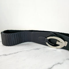 Black Stretch Waist Belt Silver Buckle Womens Elastic Wide Belt Dress Cinch 89cm