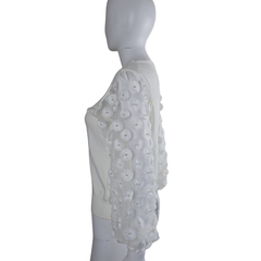 Siani Milano White 3D Floral Sleeve Sweater – Statement Balloon Sleeve Knit (M)