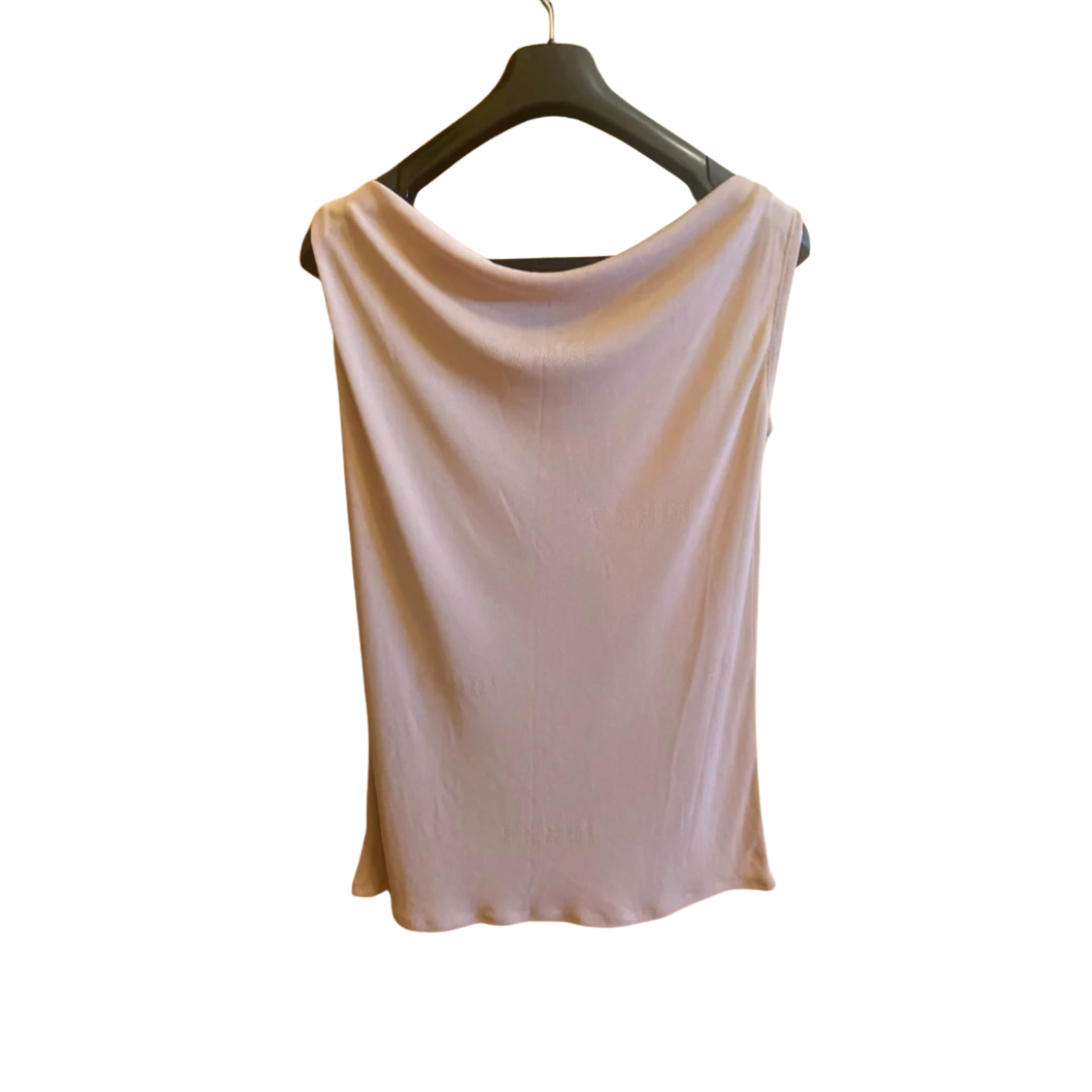 Beige sleeveless top on a hanger against a white background