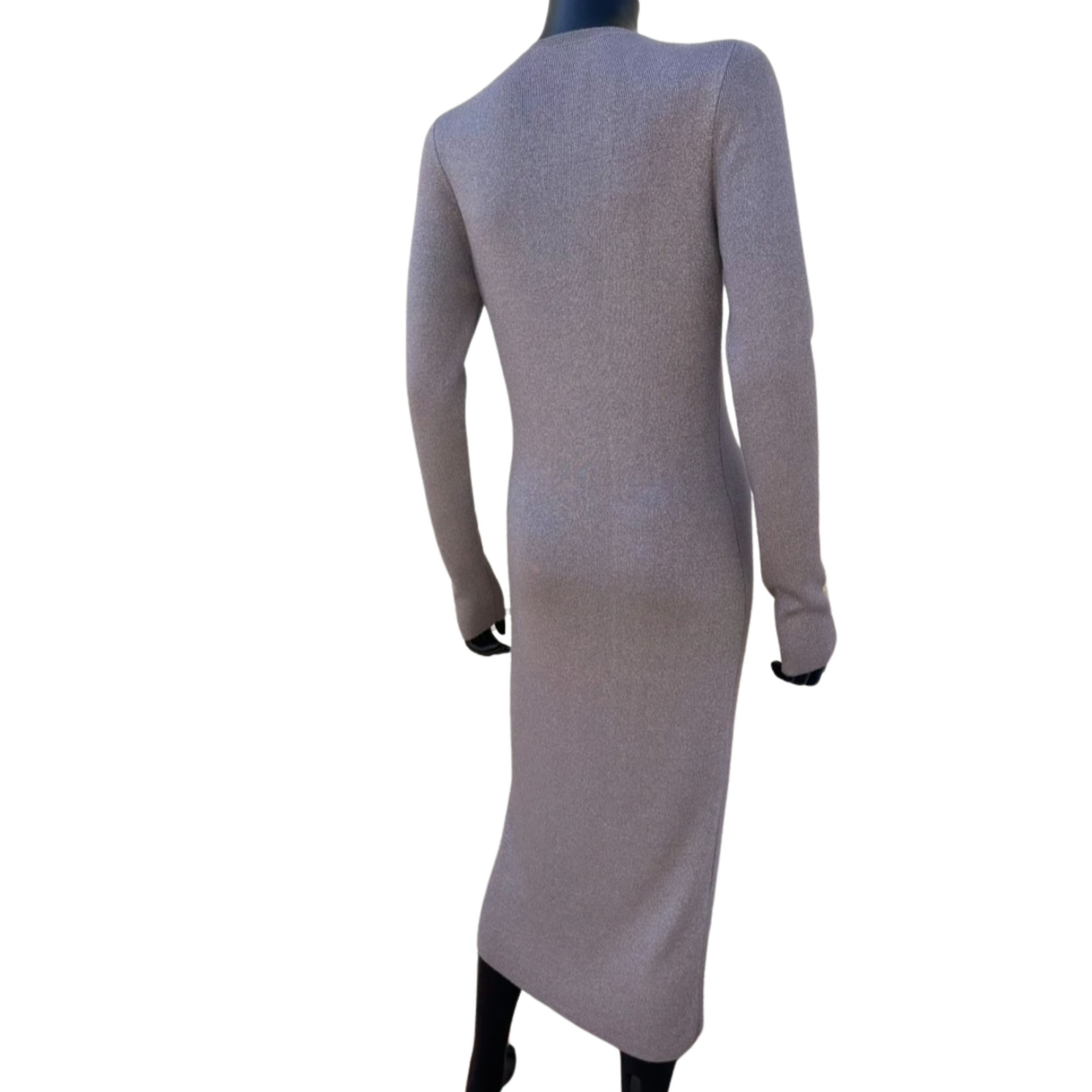 Gray long-sleeve dress on a mannequin against a white background