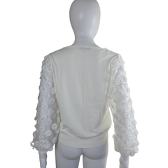 Siani Milano White 3D Floral Sleeve Sweater – Statement Balloon Sleeve Knit (M)