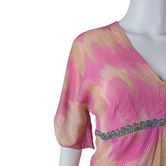 Lisa Ho Pink Beige Silk Blend Pleated Top – Metallic Trim (AU 8)