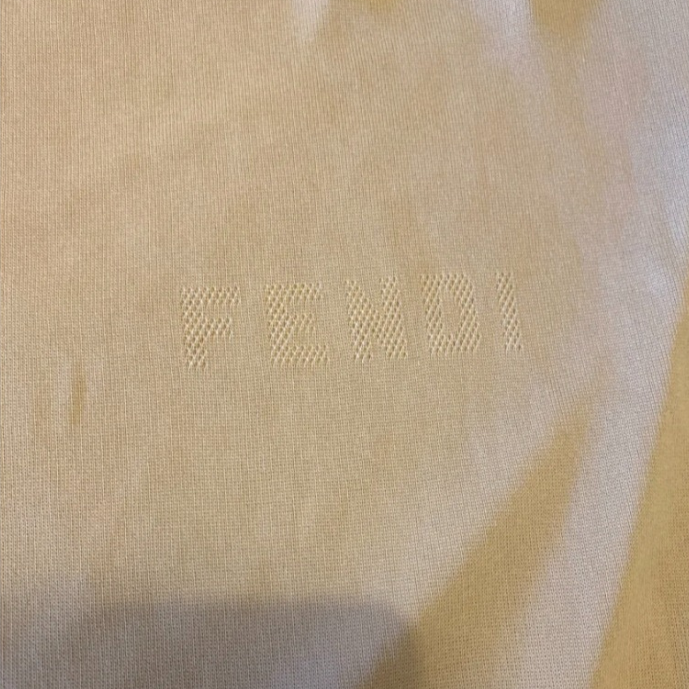 Close-up of a beige fabric with 'Fendi' logo.