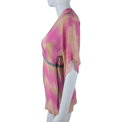 Lisa Ho Pink Beige Silk Blend Pleated Top – Metallic Trim (AU 8)