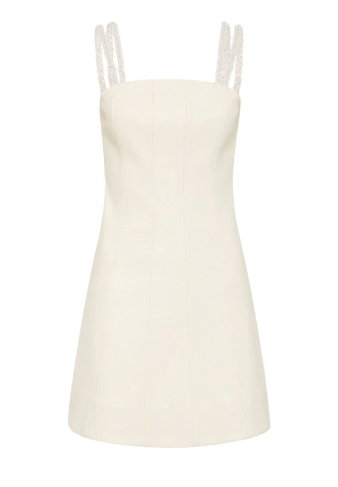 An ivory vegan leather mini dress with a square neckline, braided straps, and a fit-and-flare silhouette.