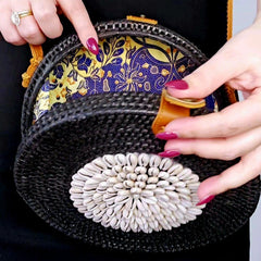 Se Pepa Boutique Handmade Black and Tan Woven Bag with Shells