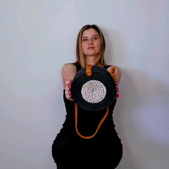 Se Pepa Boutique Handmade Black and Tan Woven Bag with Shells