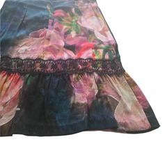 Skirt with floral pattern and lace trim on a white background