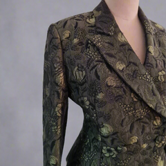 Thomaiy 1990s Olive Green and Black Brocade Fitted Jacket