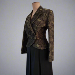 Thomaiy 1990s Olive Green and Black Brocade Fitted Jacket