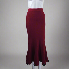 Maroon pencil skirt on a mannequin against a plain background