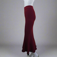 Maroon skirt on a mannequin against a plain background
