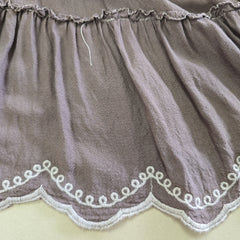 Close-up of a brown fabric with white lace trim on a beige background