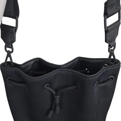 Black bucket bag with visible brand name on a light background