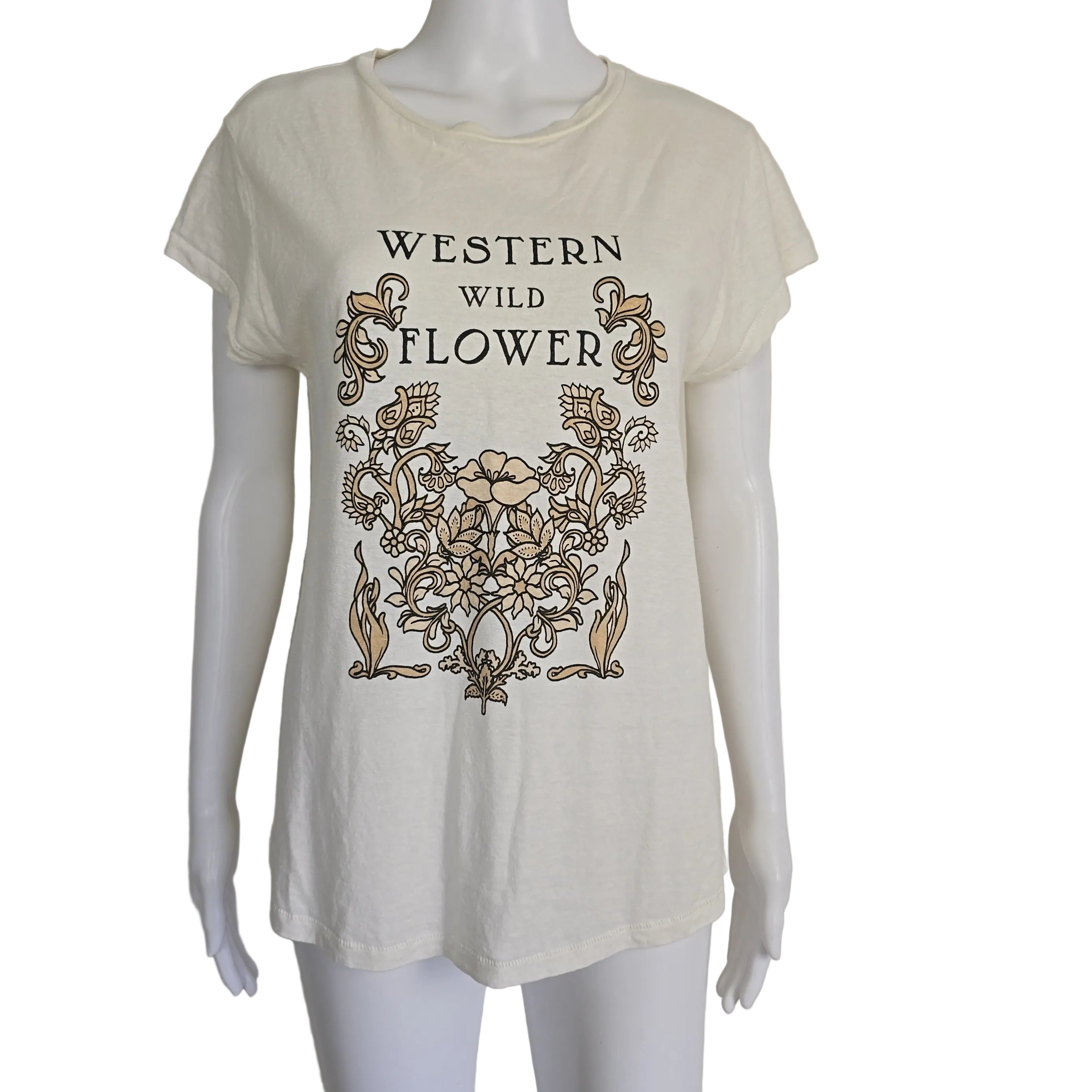 White tank top with decorative text and floral design on a mannequin against a beige background
