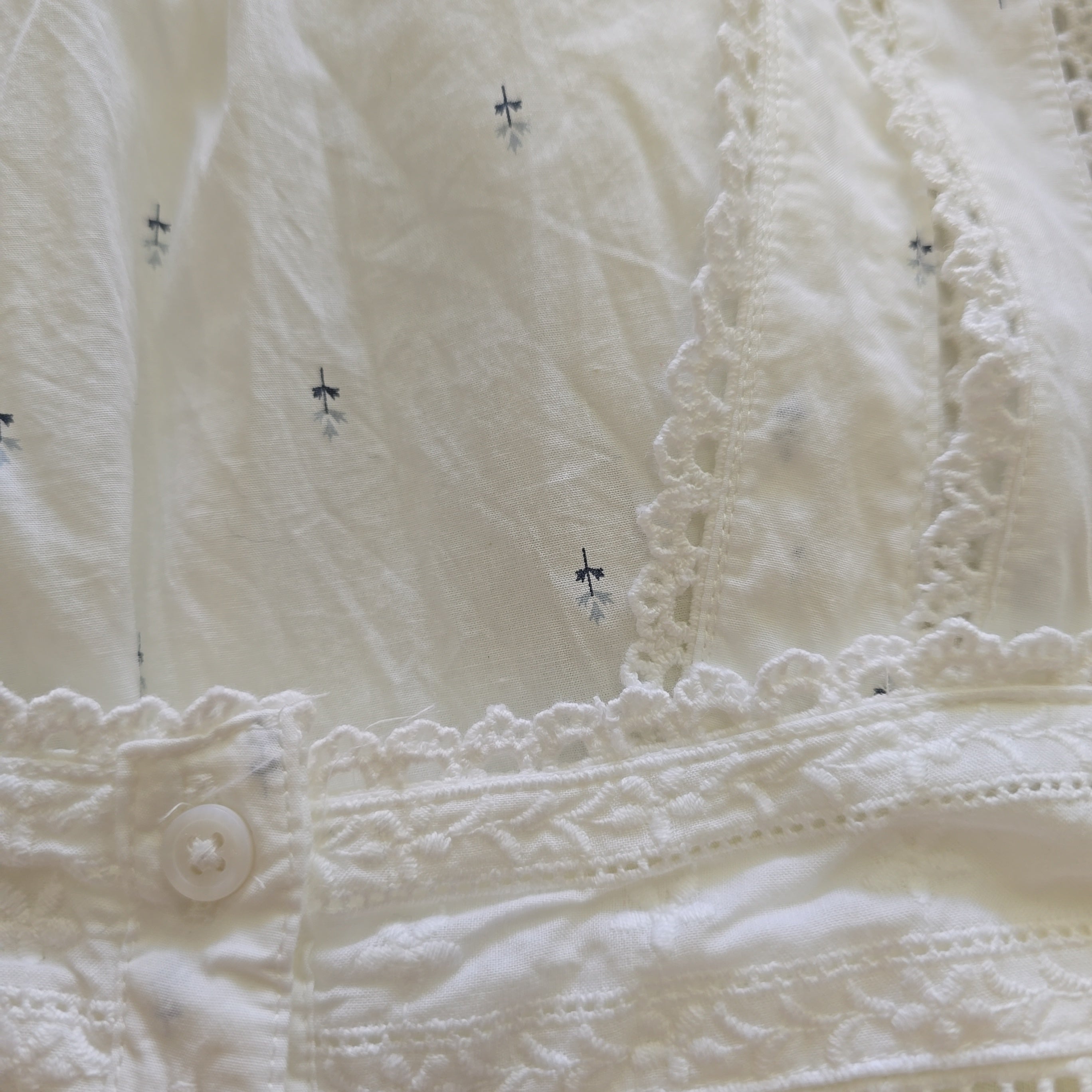 Close-up of a white embroidered fabric with intricate patterns
