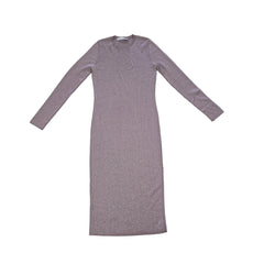 Plumb coloured dress with silver details on a light background