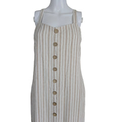 Mannequin wearing a striped dress with button details on a plain background
