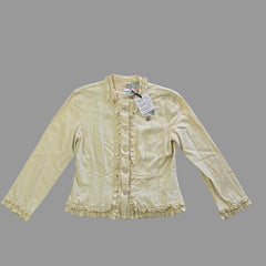 Light yellow jacket with frill details on a light background