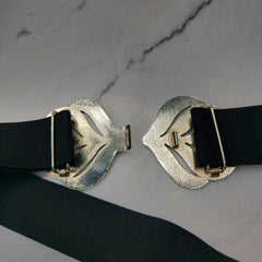 Vintage Black Elastic Belt Blue White Enamel Statement Buckle Retro Belt