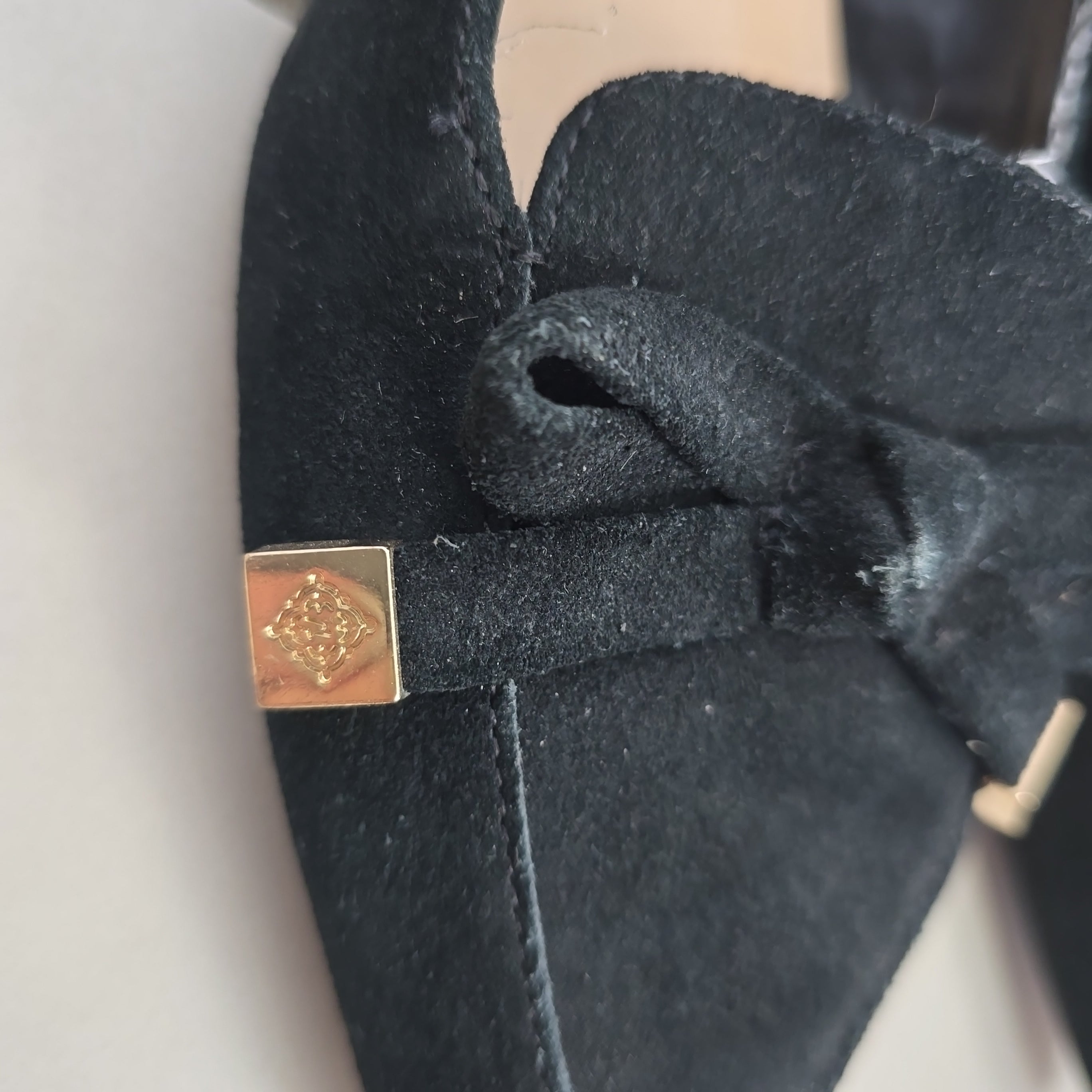 Black suede shoe with a gold buckle on a light background