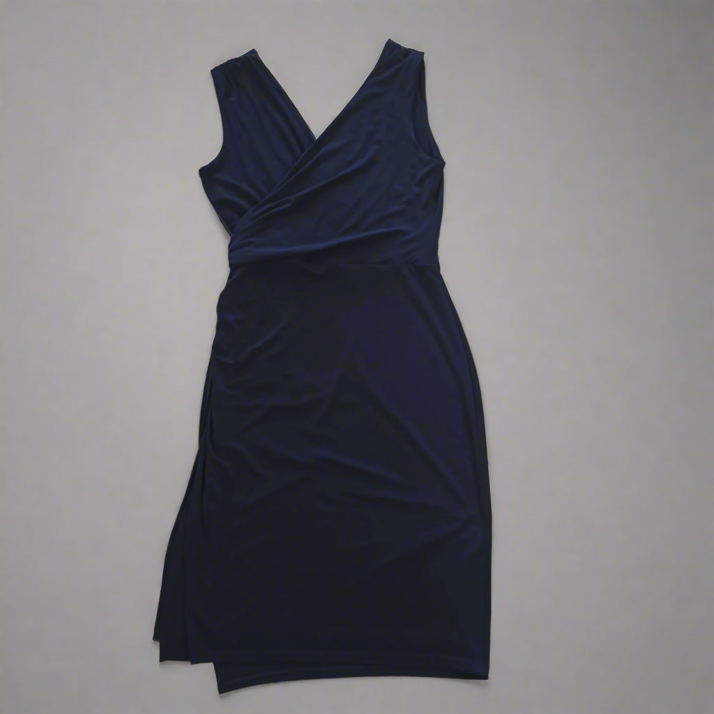 Navy blue dress on a light gray background