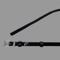 Black leather belt with silver buckle on a light gray background