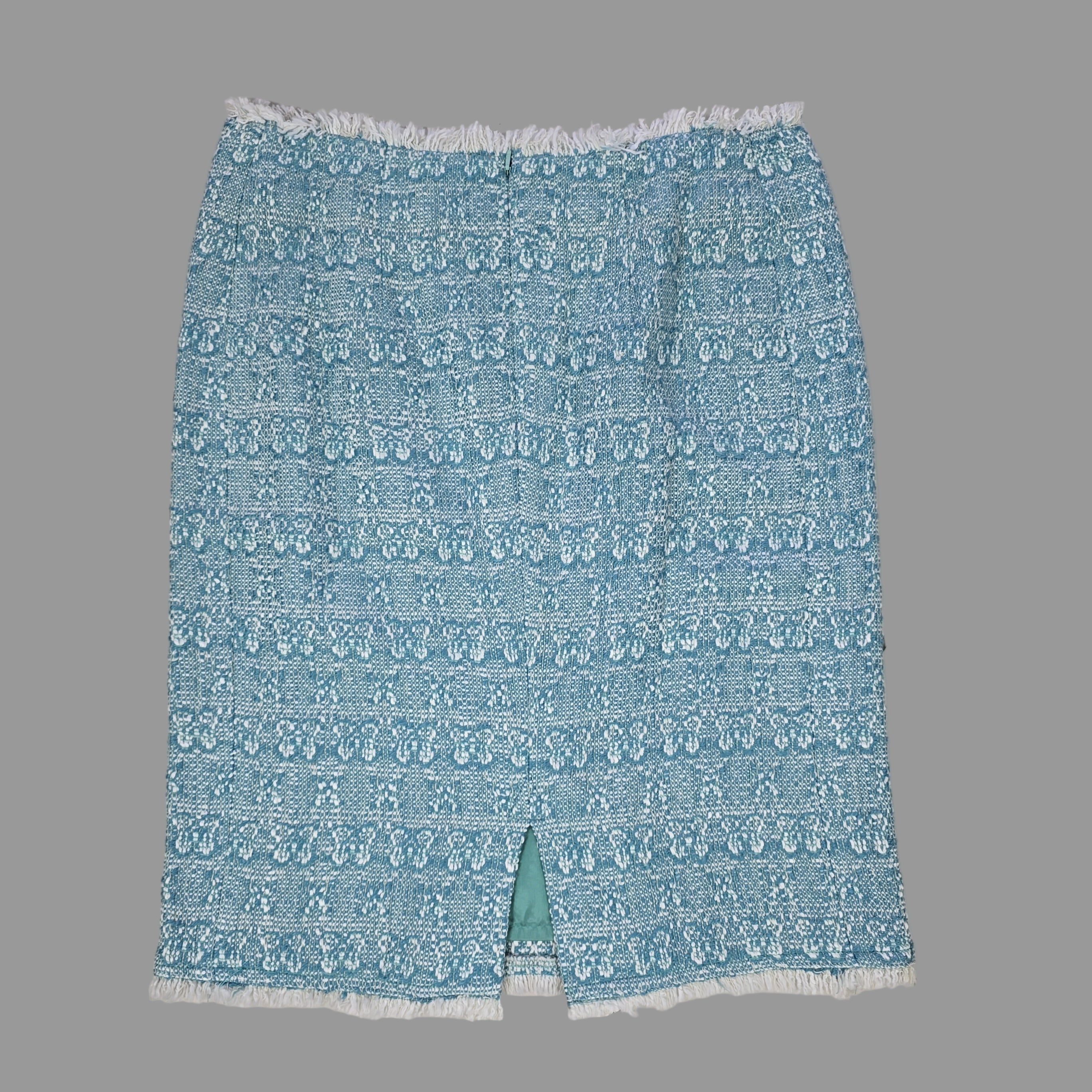 Blue textured fabric skirt on a tiled floor