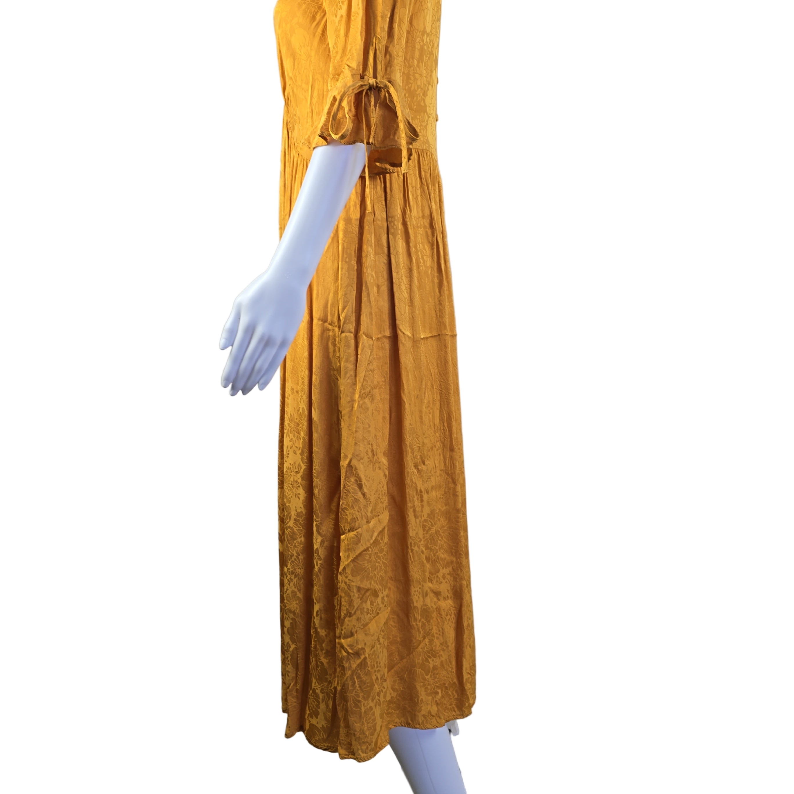 Mannequin wearing a mustard yellow dress against a plain background