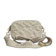 Grey shoulder bag with gold accents on a light background