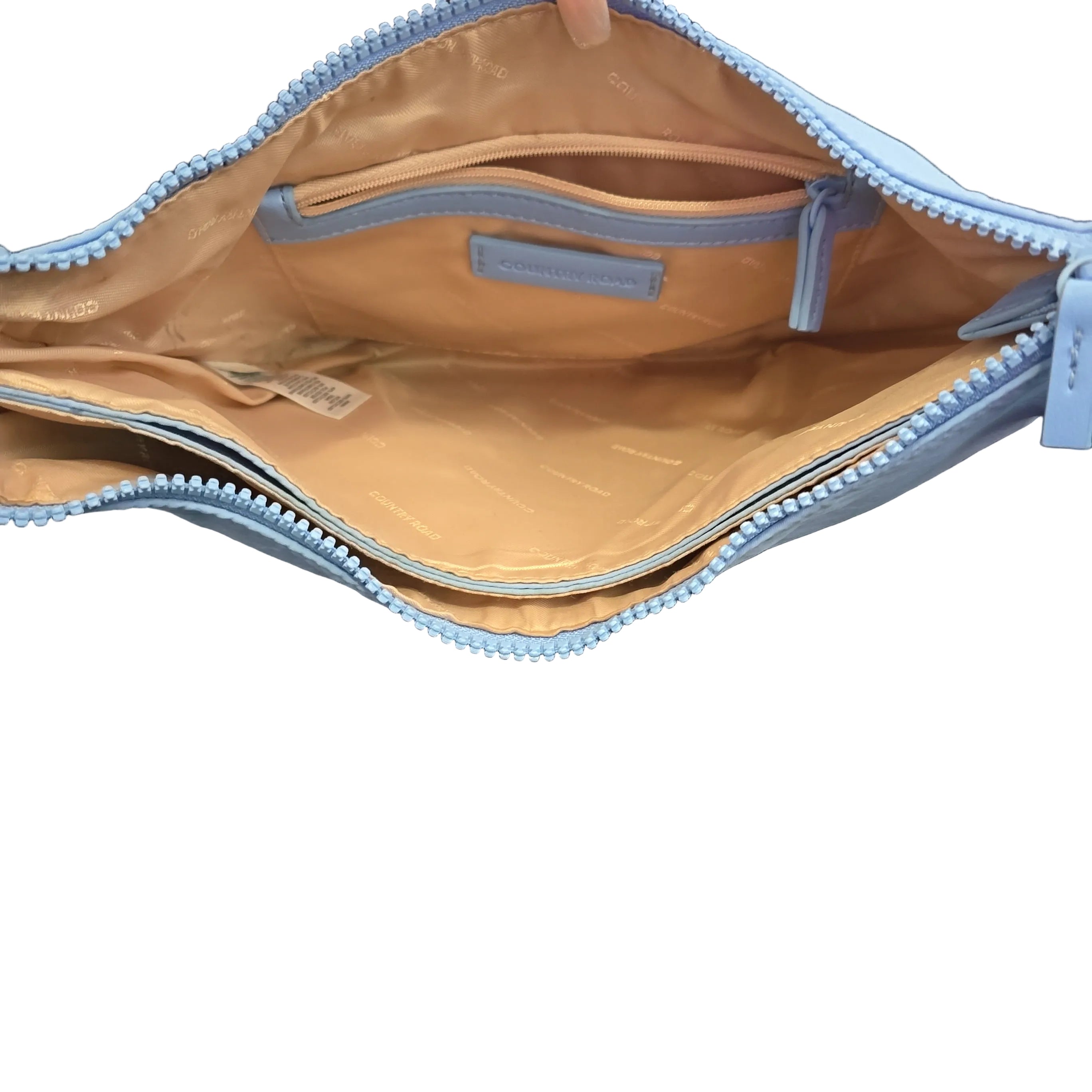Open beige pouch with blue zipper on a light background