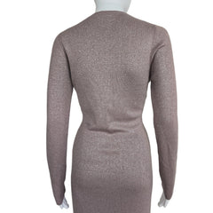 Plumb coloured dress with silver details on a light background