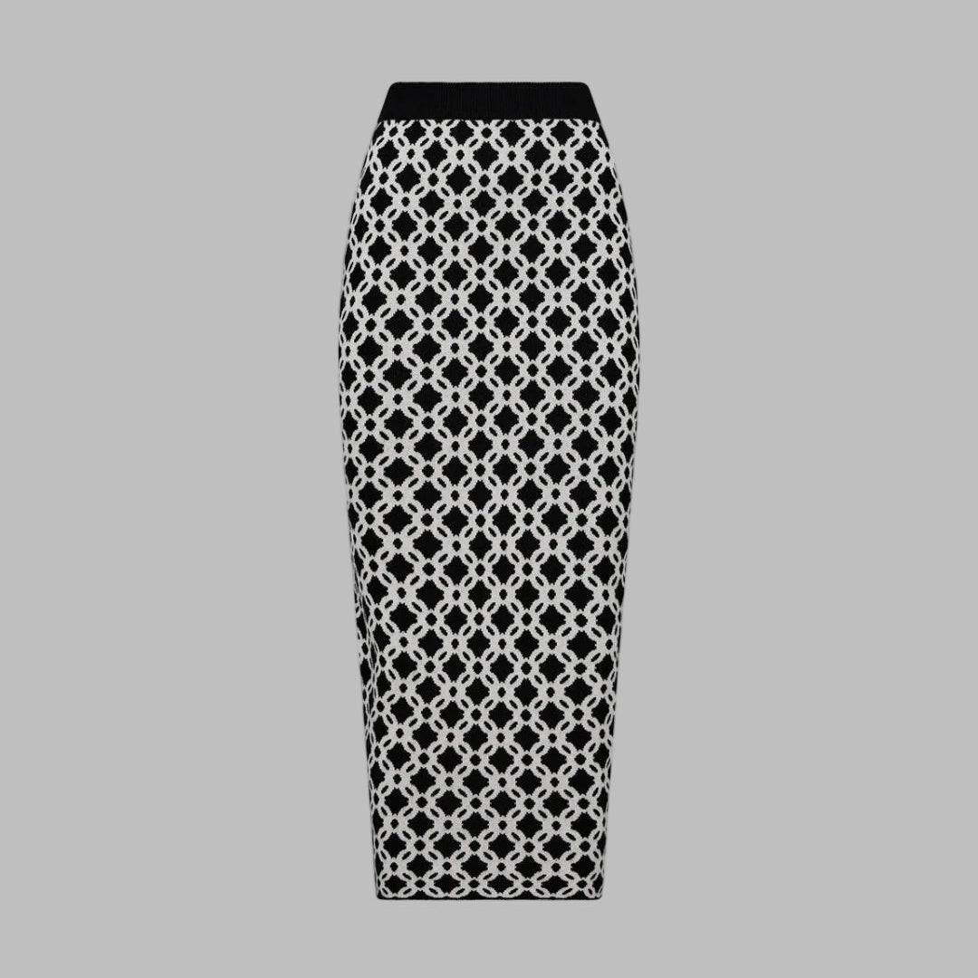 Black and white patterned pencil skirt on a light gray background