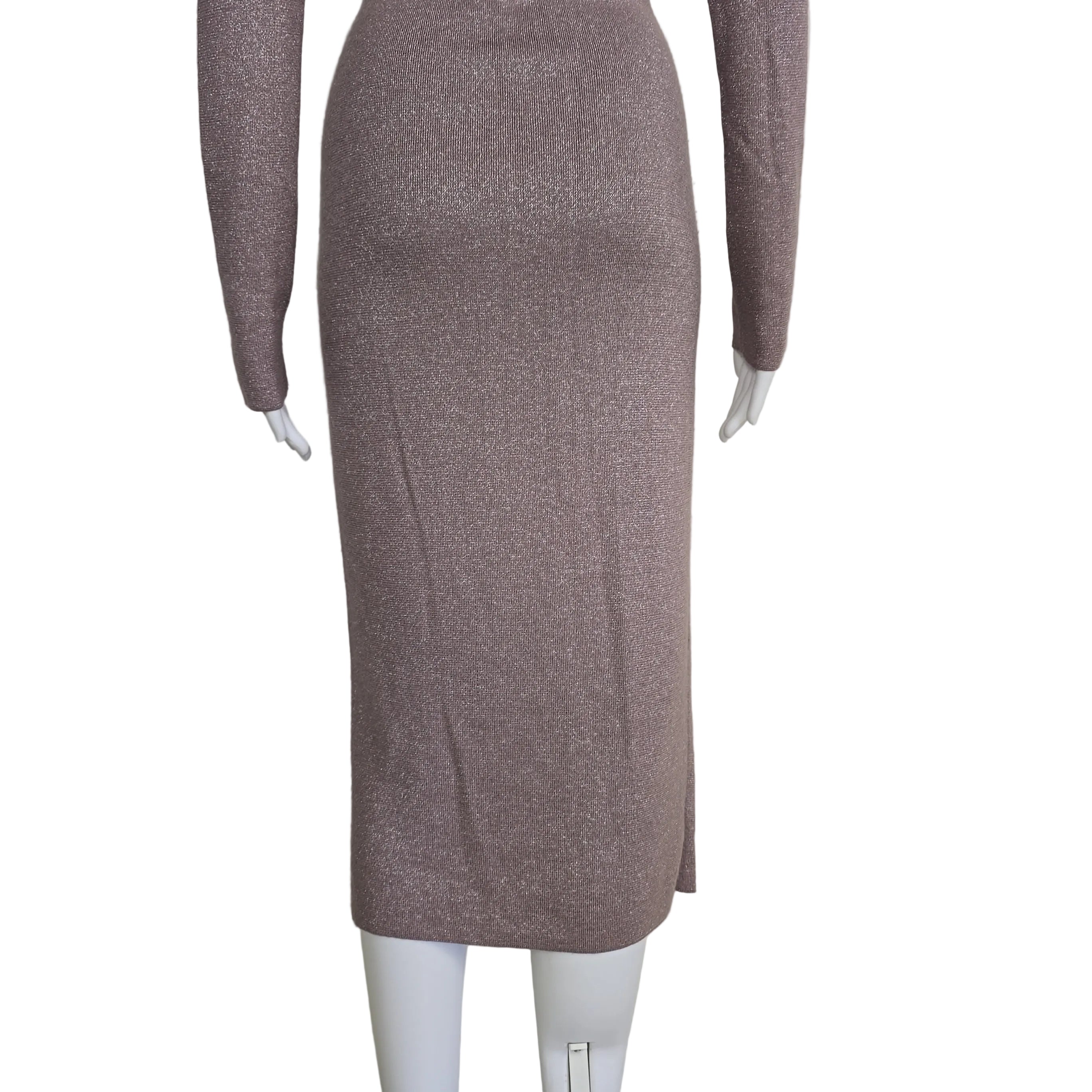 Mannequin wearing a plum textured dress on a plain background