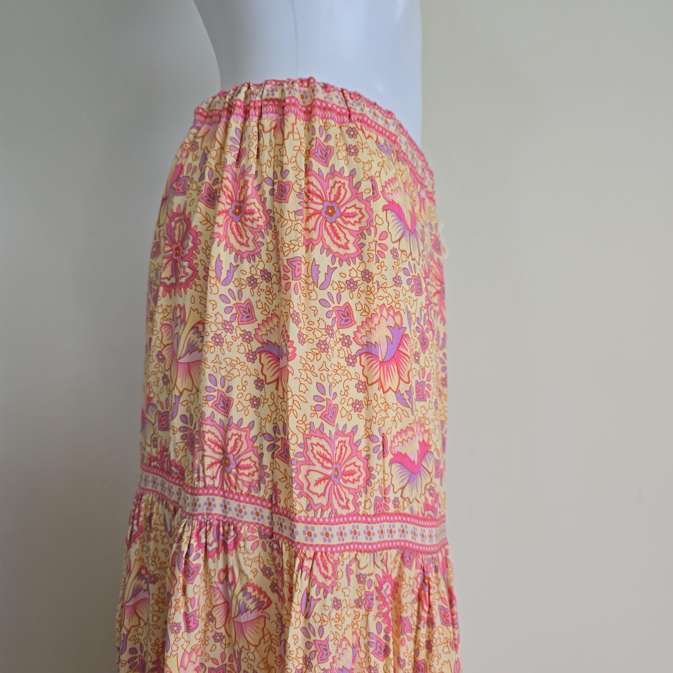 Floral patterned fabric on a mannequin against a plain background
