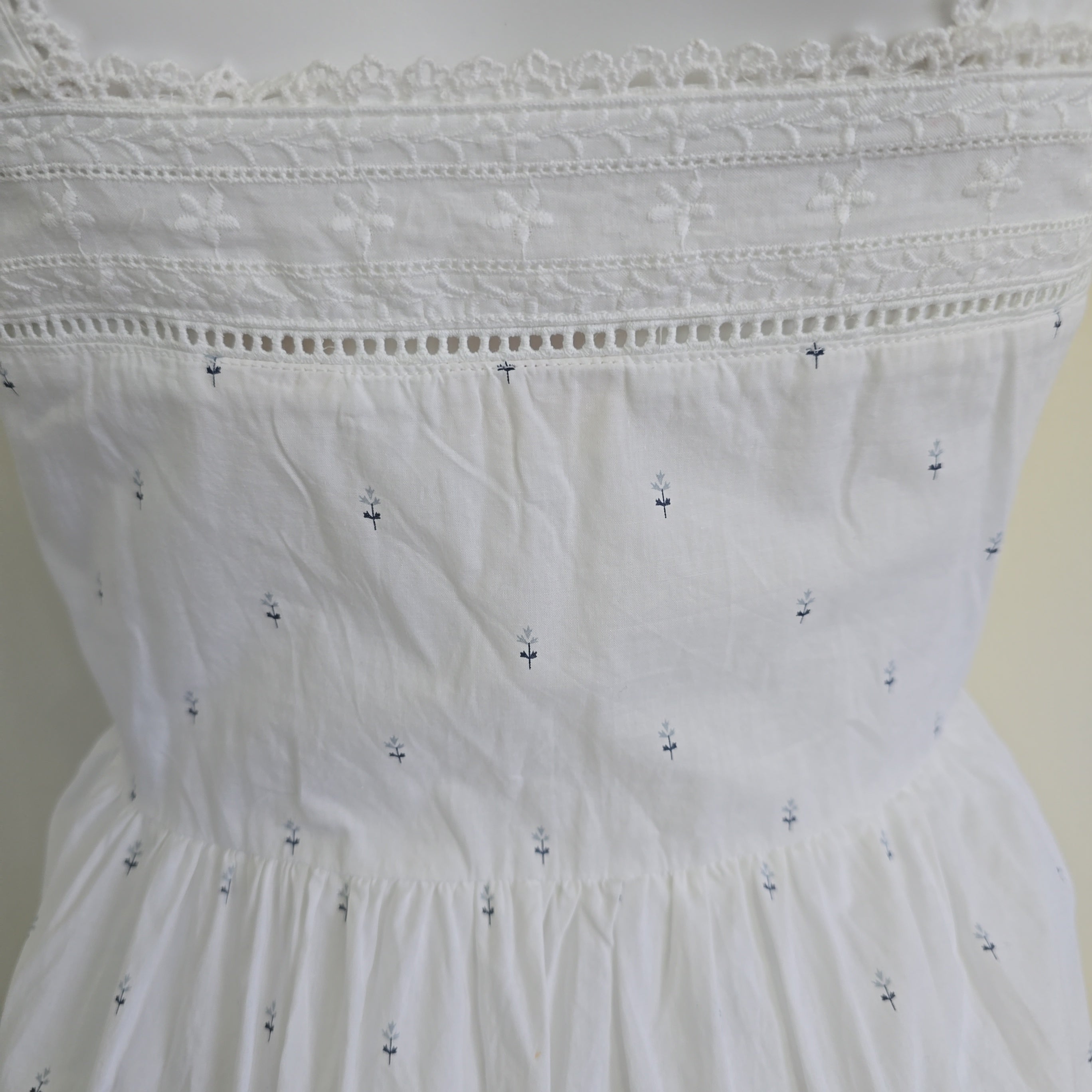 Close-up of a white dress with intricate lace details on a plain background
