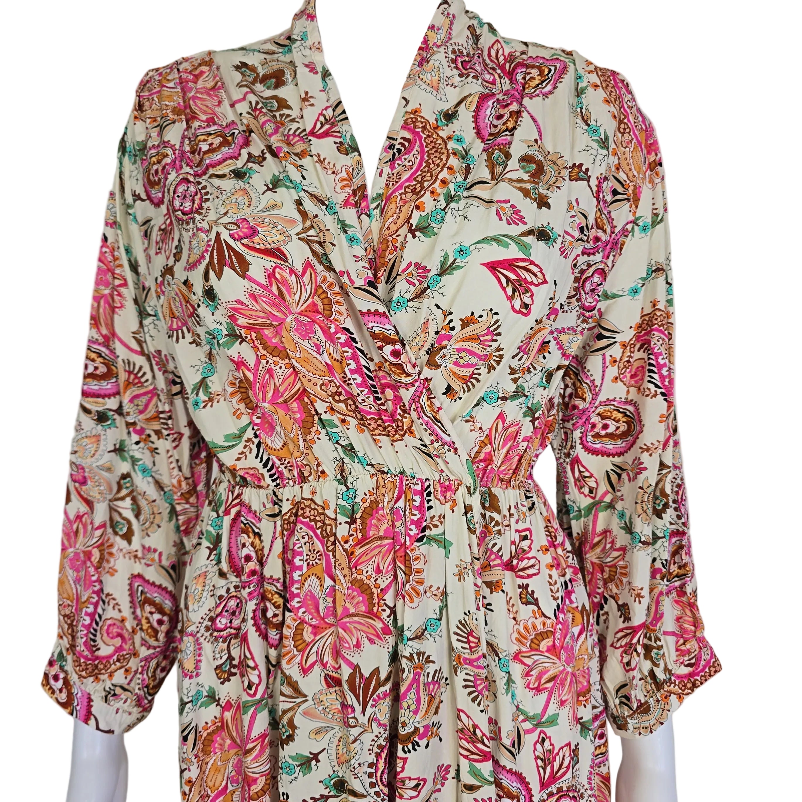 Floral patterned wrap style dress on a light background