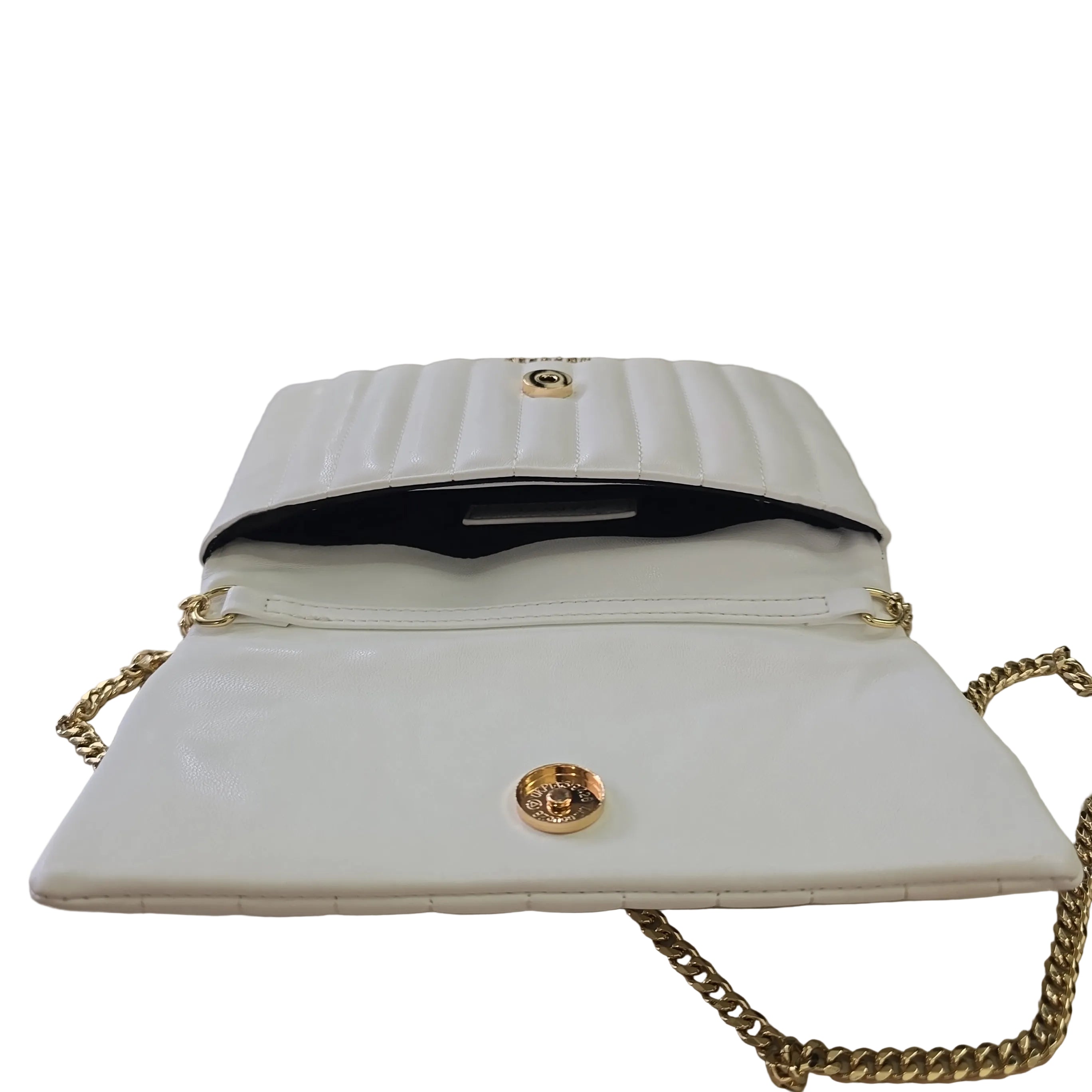 White handbag with gold chain and clasp on a light background