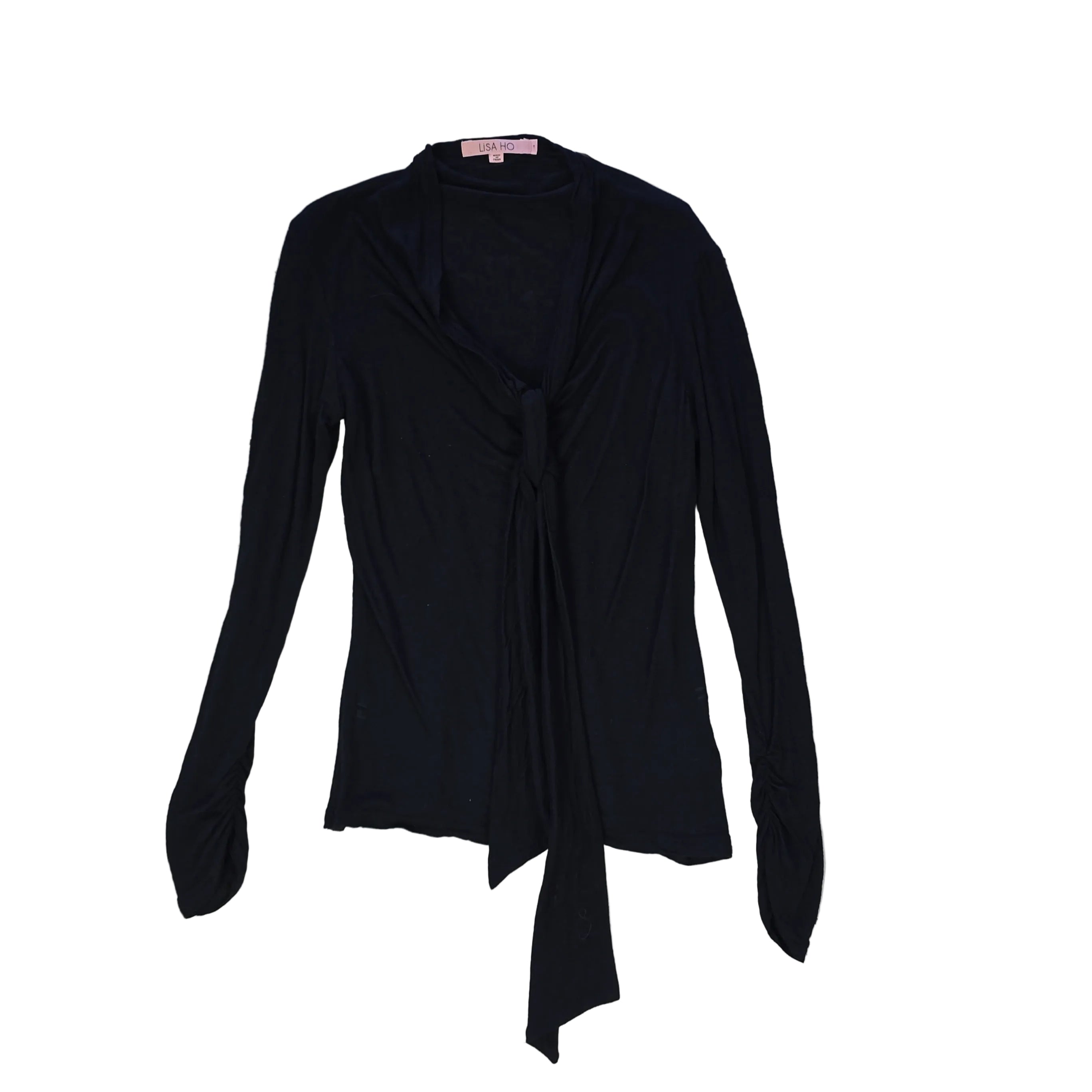 Black top with tie detail on a light background