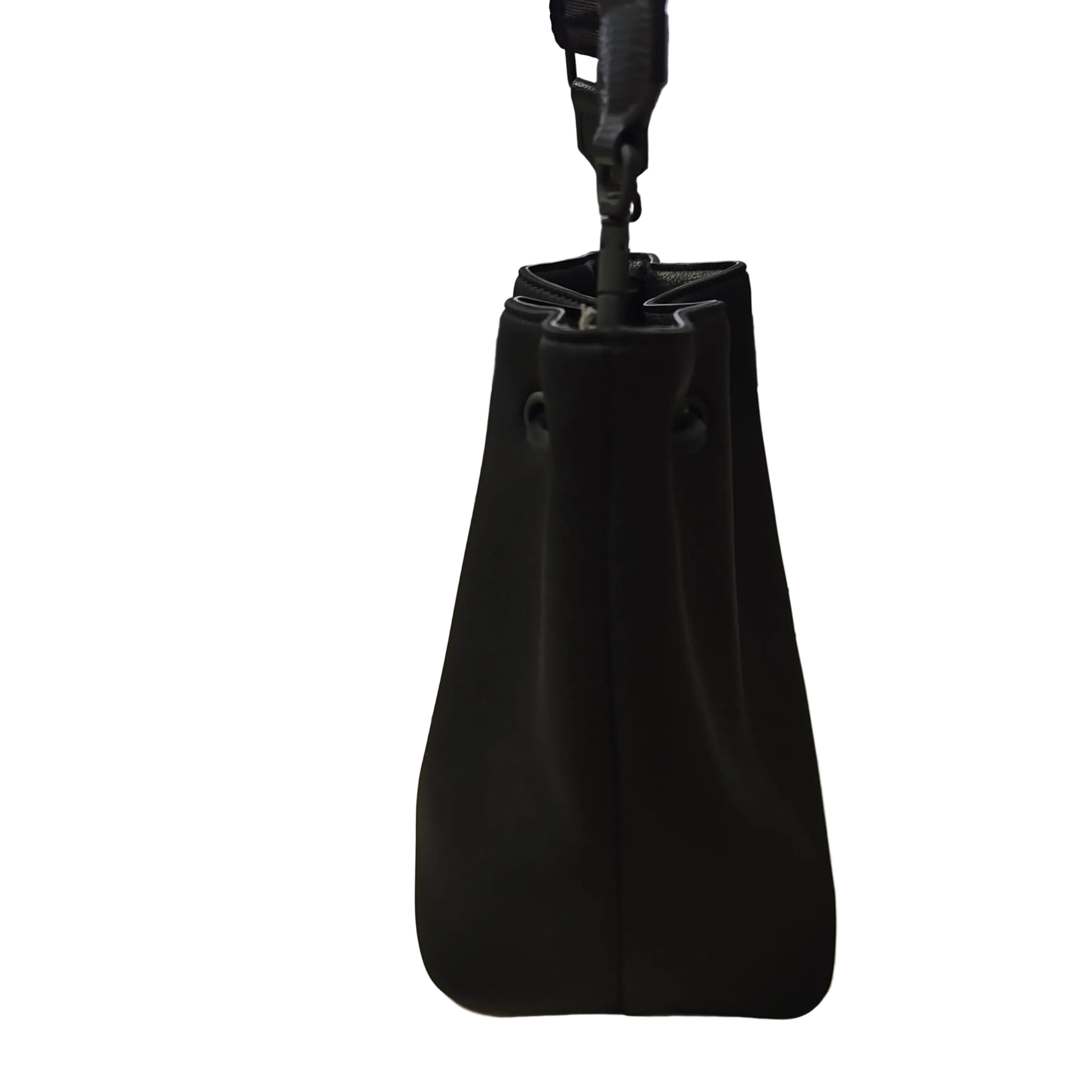 Black bucket bag with visible brand name on a light background