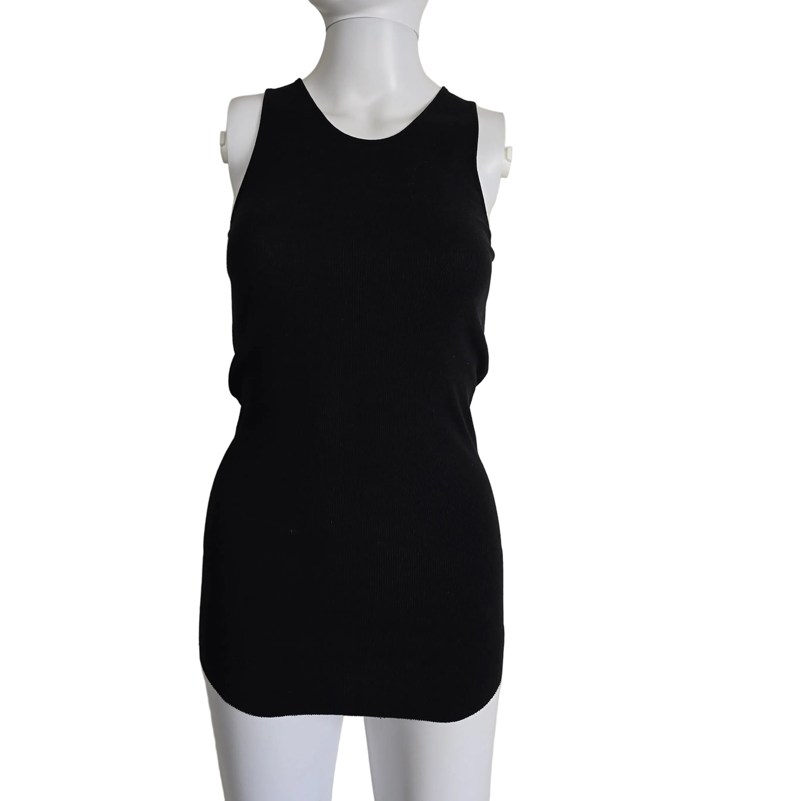 Black sleeveless top on a mannequin against a beige background