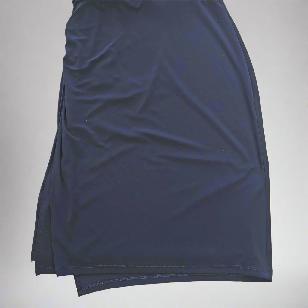 Navy blue dress on a light gray background