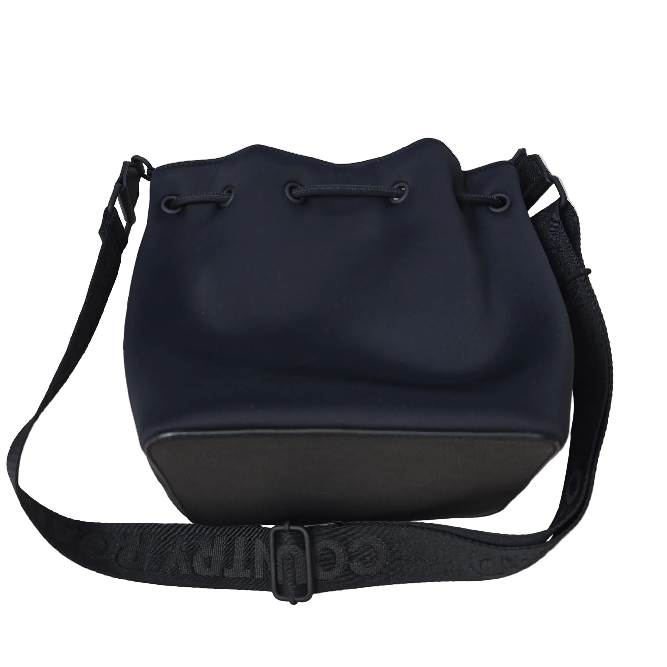 Black bucket bag with visible brand name on a light background