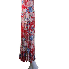 Red floral dress on a mannequin against a white background