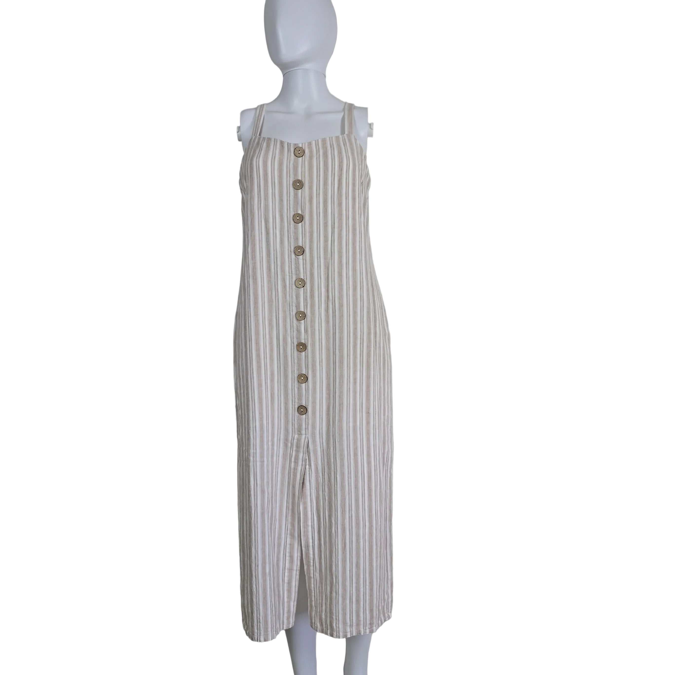 Striped dress with button details on a light background