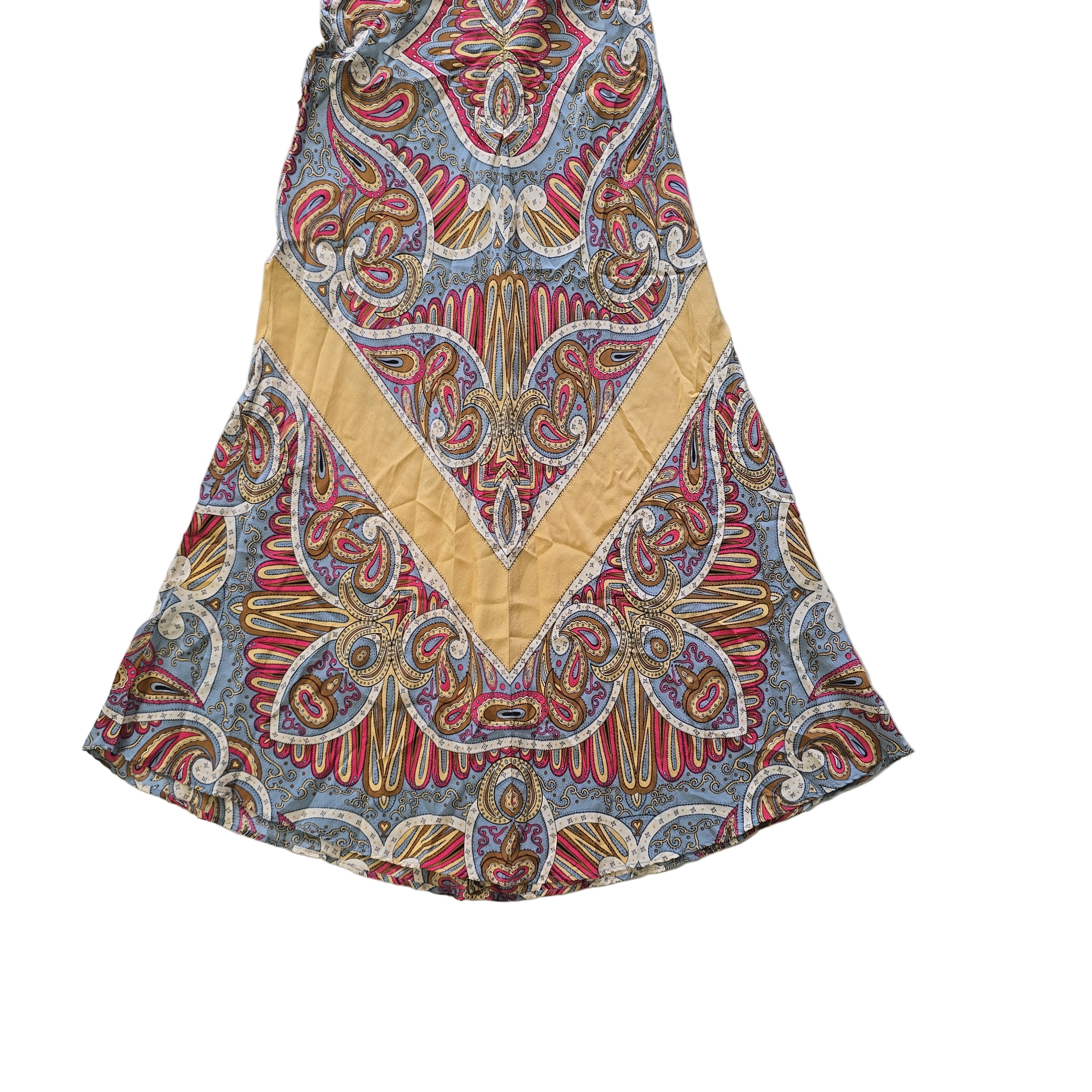 Colorful patterned fabric on a tiled floor